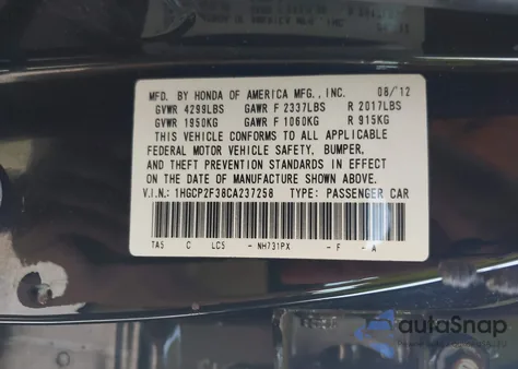 2012 Honda Accord 2.4 Lx from USA, damaged, VIN 1HGCP2F38CA237258